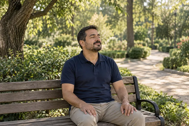 Kısa siyah saçlı bir erkek, yeşil parkta bankta oturmuş, gözleri hafif kapalı ve omuzları gevşek görünüyor.