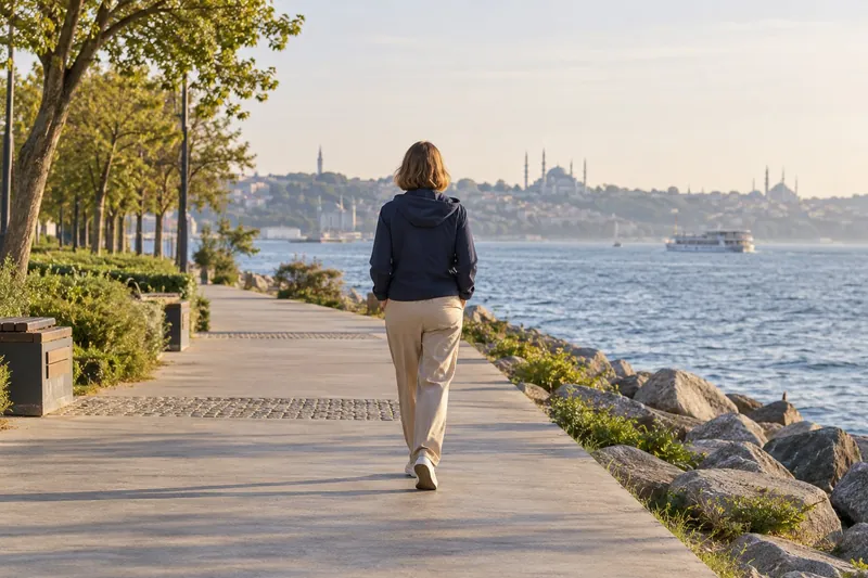 Kısa kumral saçlı ve lacivert ceketli bir kadın, arkada İstanbul kıyısı görünen sahil yürüyüş yolunda arkadan görünen bir açıyla yürüyor.